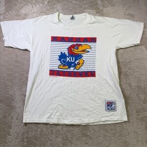 VTG Kansas Jayhawks Men's XL White Single Stitch Shirt The Game 90s USA WORN